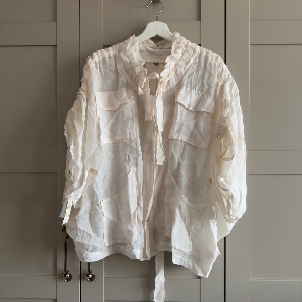 Lilka Romantic Ruffle Ivory Jacket by Anthropologie Adjustable Rouched Top NWT